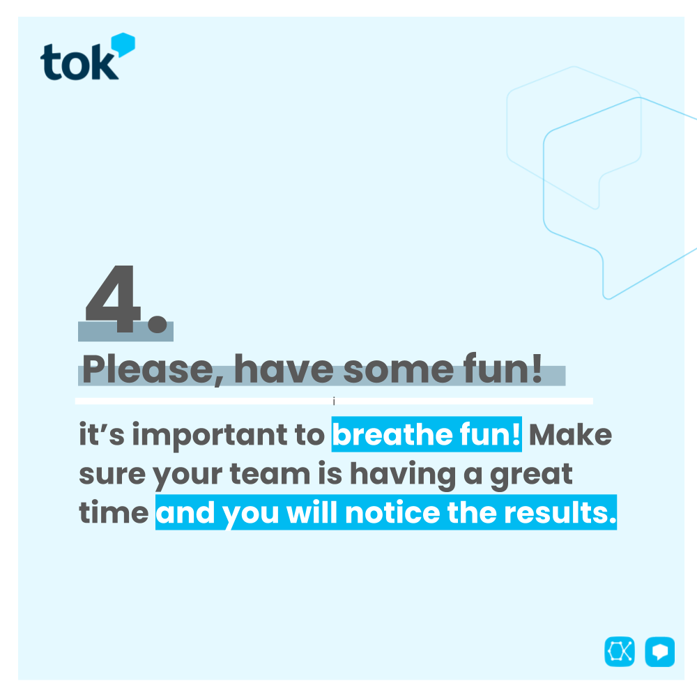 OktanaCorp's tweet photo. We all want it! ๐
Work environment is crucial so check these four musts from the Tok team and boost your workplace ๐ช .
โฌ๏ธ Try Tok here: https://t.co/4KwXZirp1S ๐ป
-
#SalesforcePartner #TokLearn #SalesforceDeveloper #TokExperience #DeveloperLife #TokForTalks #SoftwareCompany https://t.co/bUwJbEJNd2