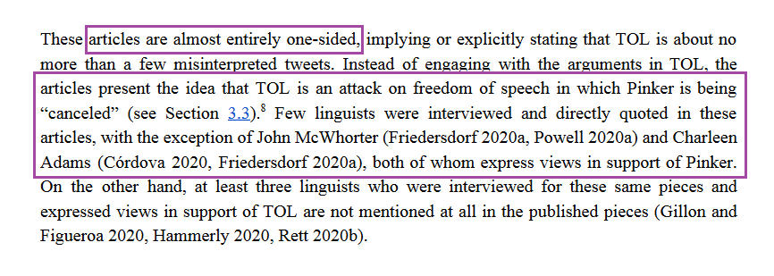 It highlights the network behind Pinker that allowed him to make this not an issue for his professional community of linguists to consider but an issue that, that, rather irrelevantly, called on free speech, bemoaned "cancel culture," and cultivated a view of him as a victim. 2/