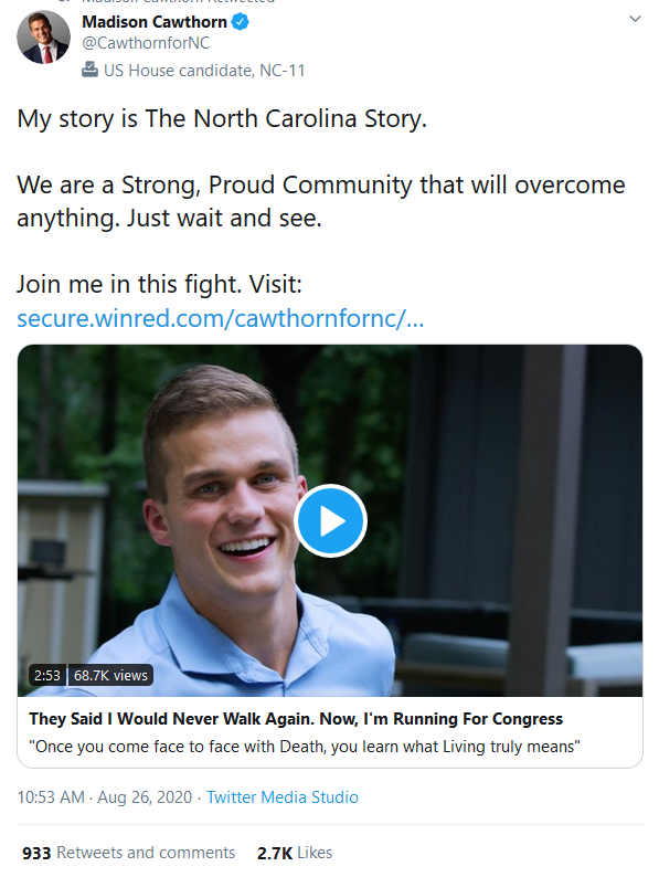 As recently as today, August 26, Madison Cawthorn is *still* using his accident to lie to the public about the sequence of events related to the Naval Academy. In the new ad, he calls himself a "patriot." #ncpol  #nc11  #RNC2020