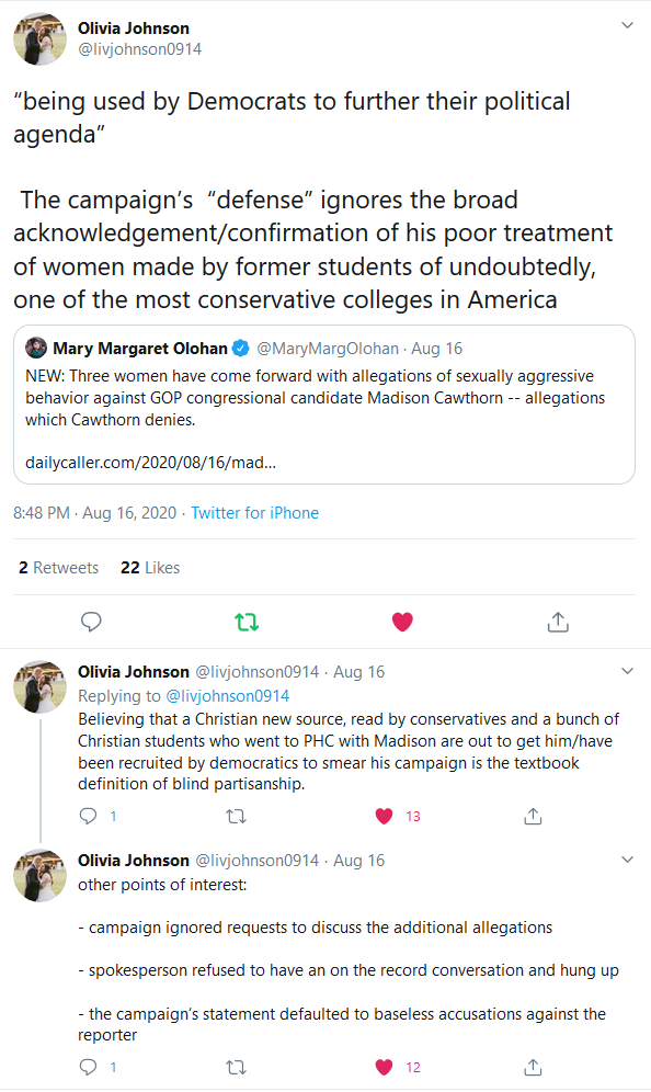 Three women have accused Madison Cawthorn of "aggressive sexual behavior."  https://world.wng.org/2020/08/rising_republican_star_faces_accusations_from_womenConservative Christians from Patrick Henry College (where Cawthorn briefly attended) have spoken out against and denounced him because of his behavior. #ncpol  #nc11  #RNC2020