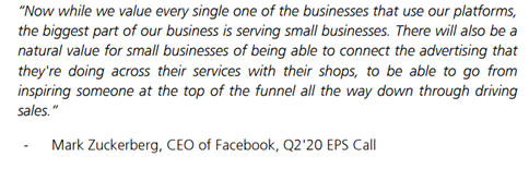 eCommerce opportunity: The launch of Facebook Shops (in partnership with Shopify and BigCommerce powering the backend) will retain SMBs that are advertising on the platform but will also attract many new ones. Which is why, like Gavin says, I think FB is the new, digital rent.