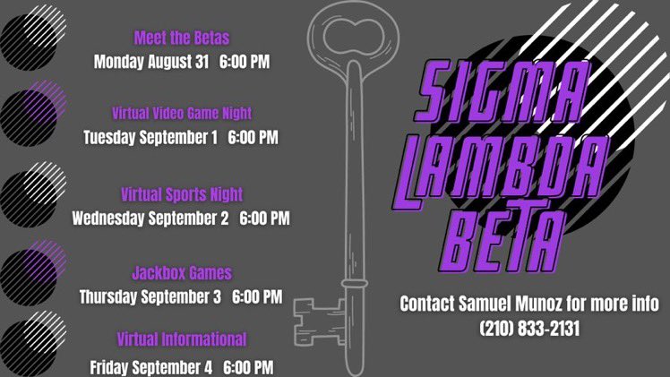 TamukBetas's tweet photo. Want to become a brother of Sigma Lambda Beta!? Well come out to our virtual recruitment events! Take your first step into a life long journey that will change your life. 😈🗝 #RushSLB #GoGreek https://t.co/Rq8Xx5md0b