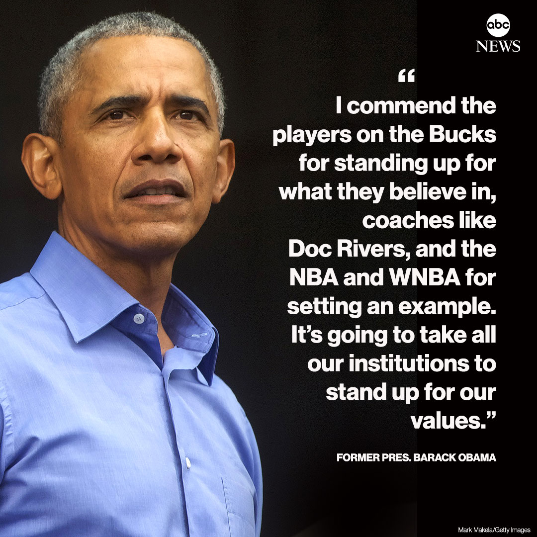 ABC's tweet image. NEW: Former Pres. Barack Obama: "I commend the players on the Bucks for standing up for what they believe in, coaches like Doc Rivers, and the NBA and WNBA for setting an example. It’s going to take all our institutions to stand up for our values.” abcn.ws/3gr8E5W