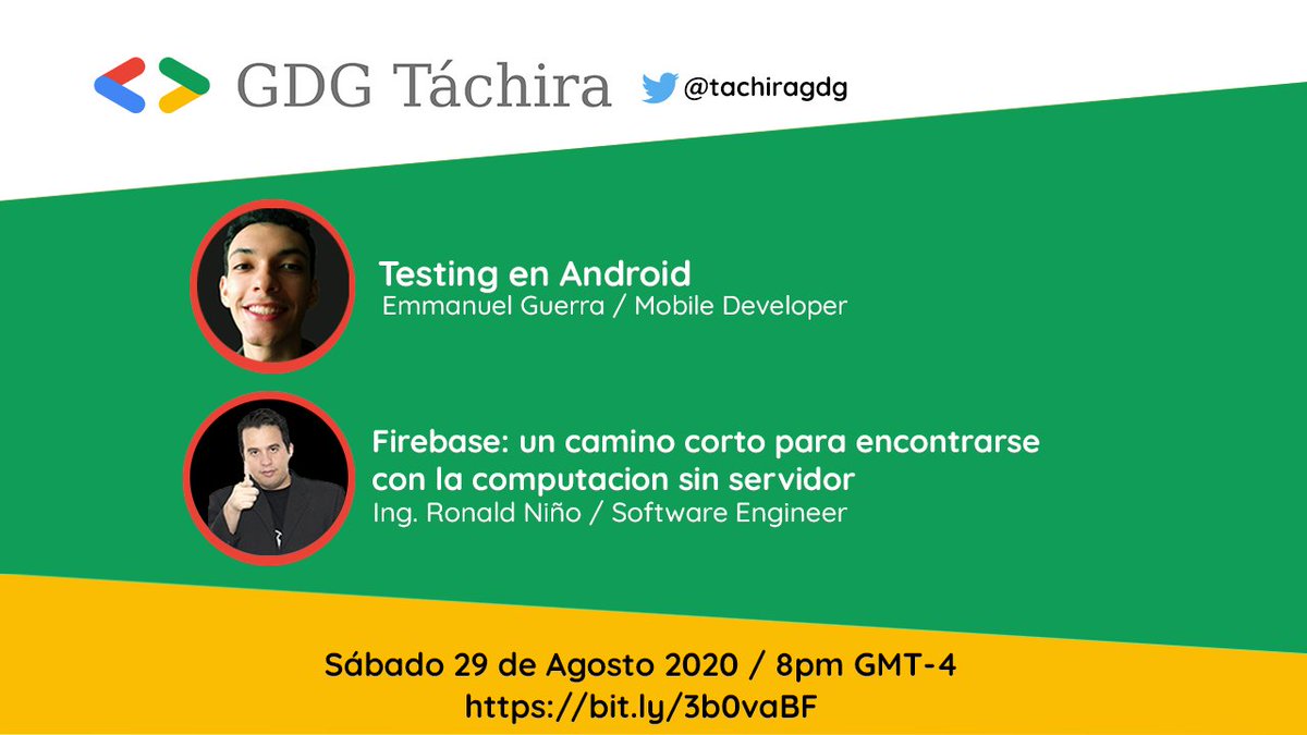 Este sábado tendremos el primer evento #online del <a href="/TachiraGdg/">GDGTáchira</a> con dos charlas super interesantes Testing en #Android y #Firebase un camino corto para encontrarse con la computación sin servidor, los esperamos!! bit.ly/3b0vaBF <a href="/domini_code/">dominicode</a> <a href="/gdgmed/">Google Developer Group Medellin - GDG Medellin</a> <a href="/gdgbsas/">GDG Buenos Aires</a> @gdg