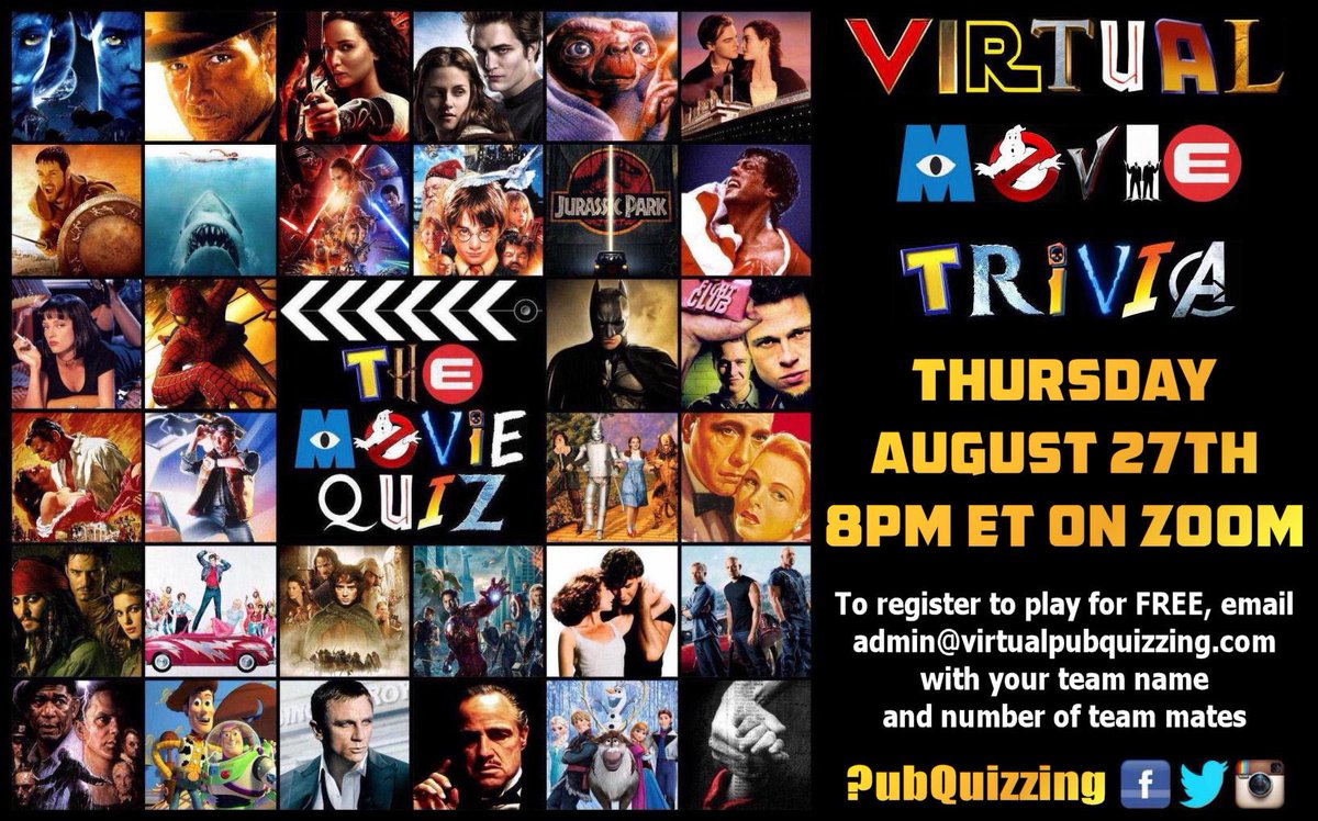 PubQuizzing's tweet image. This week’s Thursday themed trivia is all about the #movies. Email admin@virtualpubquizzing.com to register with your team name and number of players. #MovieQuiz #MovieTrivia #Trivia #TriviaNight #MovieTriviaNight #VirtualTrivia #VirtualMovieTrivia #VirtualMovieQuiz 🎞🎥🍿