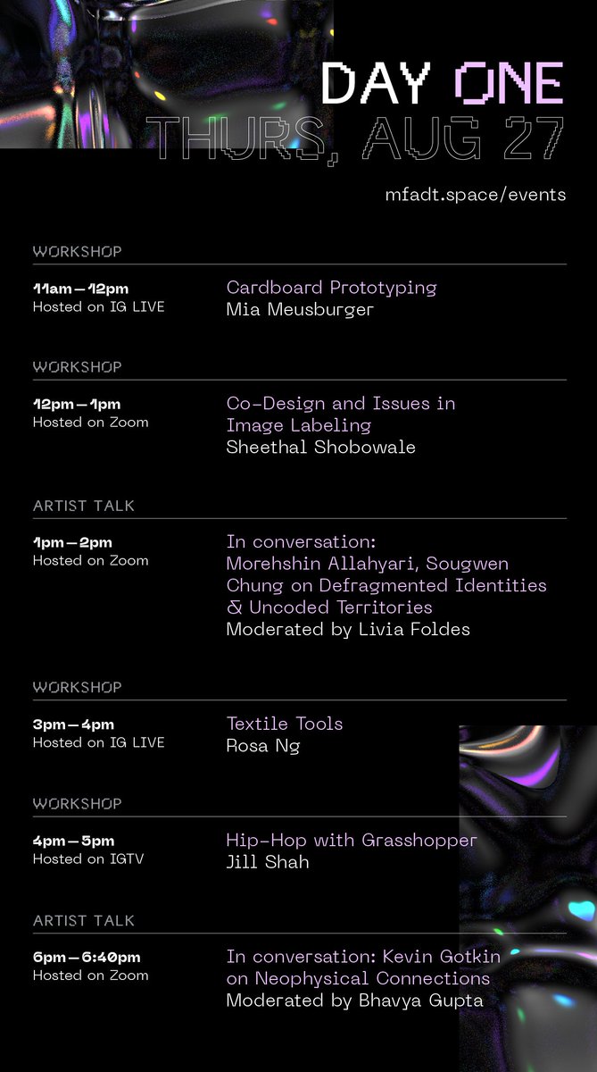 Here's the line up for Day 1 of TELEPRESENCE, a cyber expo brought to you by the rising <a href="/parsonsdesign/">Parsons</a> MFADT thesis students. Join us for 4 workshops + 2 artist talks! mfadt.space/events