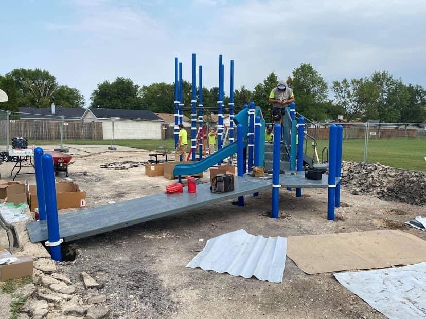M3Contracting's tweet photo. Our crew is making excellent progress on day 3 of the playground installation at Joseph Teres School.  
Ready for Engineered Wood Fibar safety surfacing! 

#PlaygroundsRUs #playlsi #shapedbyplay #JTJets #RETSD @RETSDschools https://t.co/sTgxQn1OAE