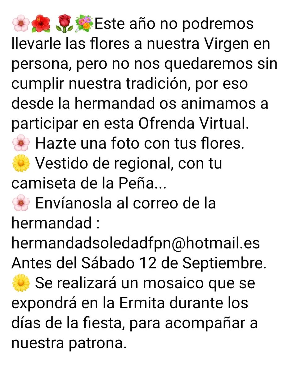 HdadVSoledad's tweet photo. La Hermandad os anima a participar en una ofrenda virtual. 
Enviad vuestras fotos a nuestro email antes del 12 de septiembre: hermandadsoledadfpn@hotmail.es
Realizaremos un mosaico en la Ermita durante los días que se hubieran celebrado las fiestas. https://t.co/nAQNKqBA6r