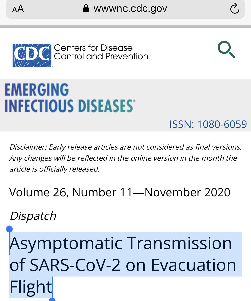 10) All the while, today, a CDC journal report put out a clear case of asymptomatic transmission on board an airplane, in which a woman used an inflight bathroom after asymptomatic people did—and caught it likely from sharing bathroom.  https://twitter.com/drericding/status/1298725905443905537?s=21