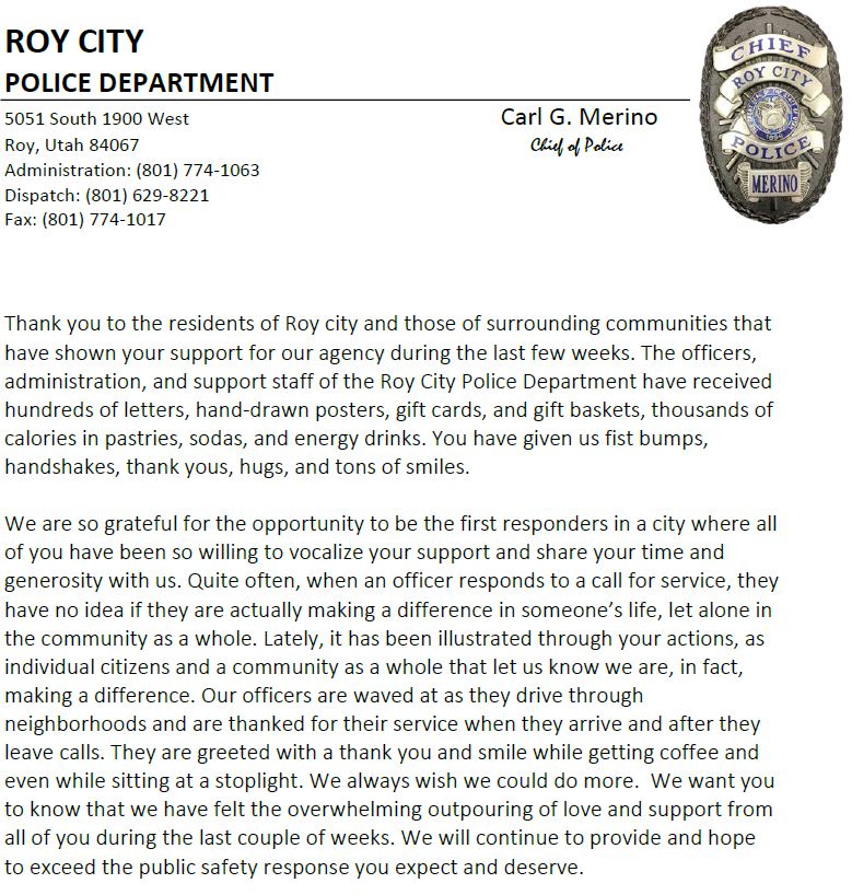 Message from <a href="/RoyCityPD/">Roy City Police Dept</a> Chief.