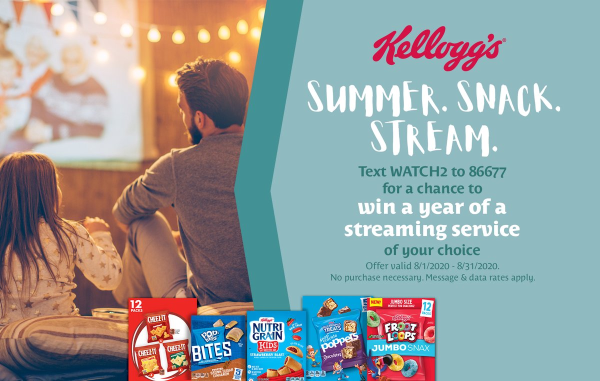 BravoMarkets's tweet photo. @KelloggsUS  is bringing you the chance to summer, snack, and stream with a $1,000 gift card! Text today for the chance to win and shop with some of our favorite snack brands like @Pringles @PopTartsUS @NutriGrainBar  all summer long!

For rules visit:https://t.co/5gdRA5hfM7 https://t.co/7LJpEdqR77