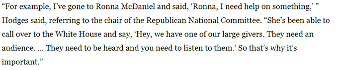 16/ I'm back. Let's talk about donors in the Swamp. Here's the founder of the country's largest payday lending company telling fellow payday lenders that his status as a major political donor gets him a direct line to the President of the United States  https://www.washingtonpost.com/business/2019/10/29/payday-lenders-discussed-raising-money-trumps-campaign-fend-off-regulation-audio-reveals/