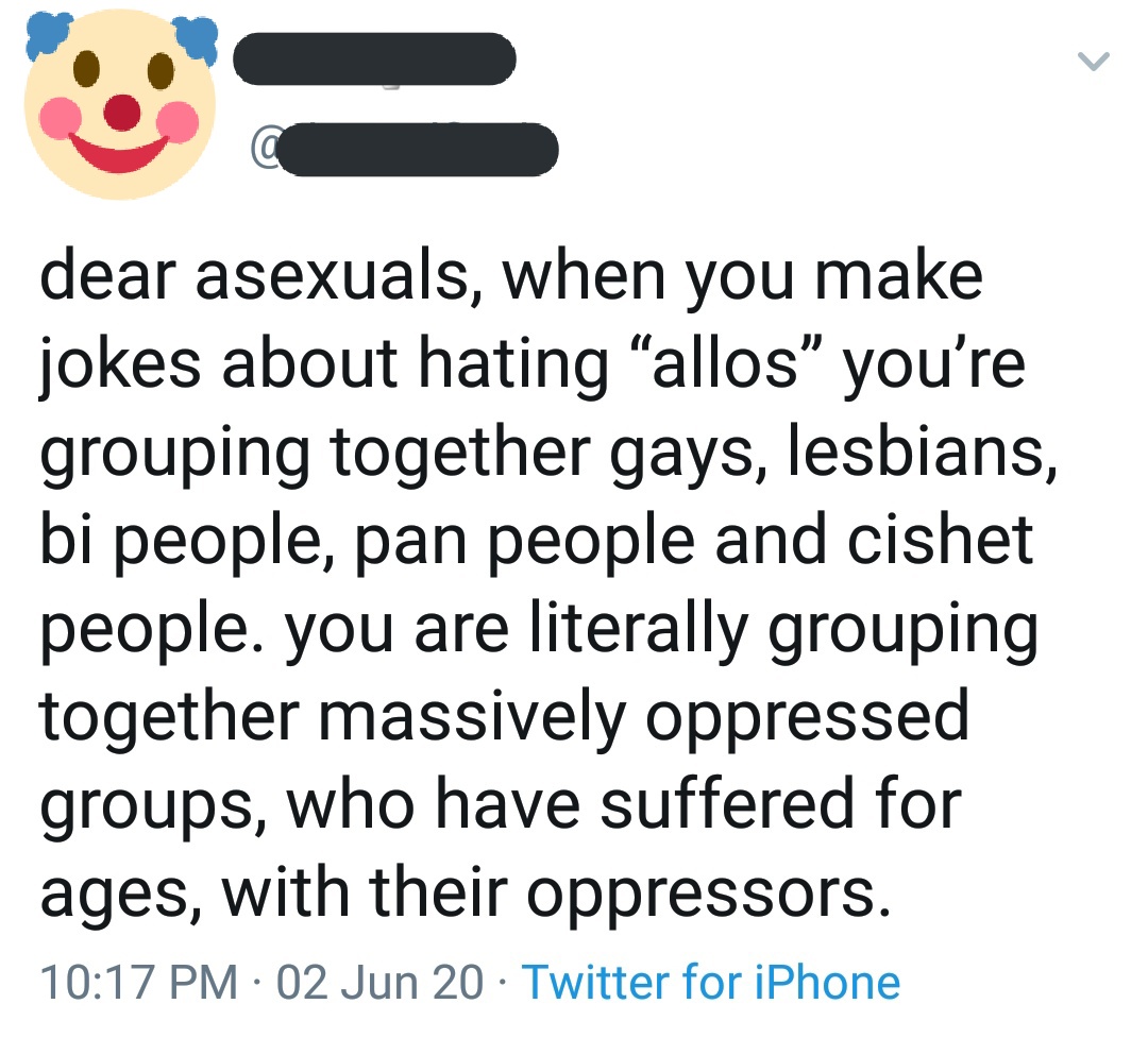 9. "Allo is a slur" and "lumping gay people and straight people together is wrong" is literally just the issues terfs take with "cis". The adjectives white and male are also lumping together gay and straight people as oppressive groups and you have no problem with them.