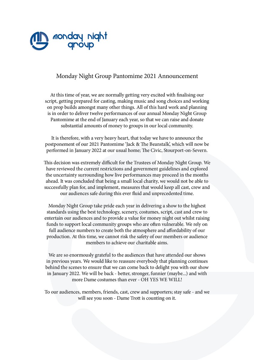 Pantomime 2021 Announcement:
mondaynightgroup.org/panto2021pr/