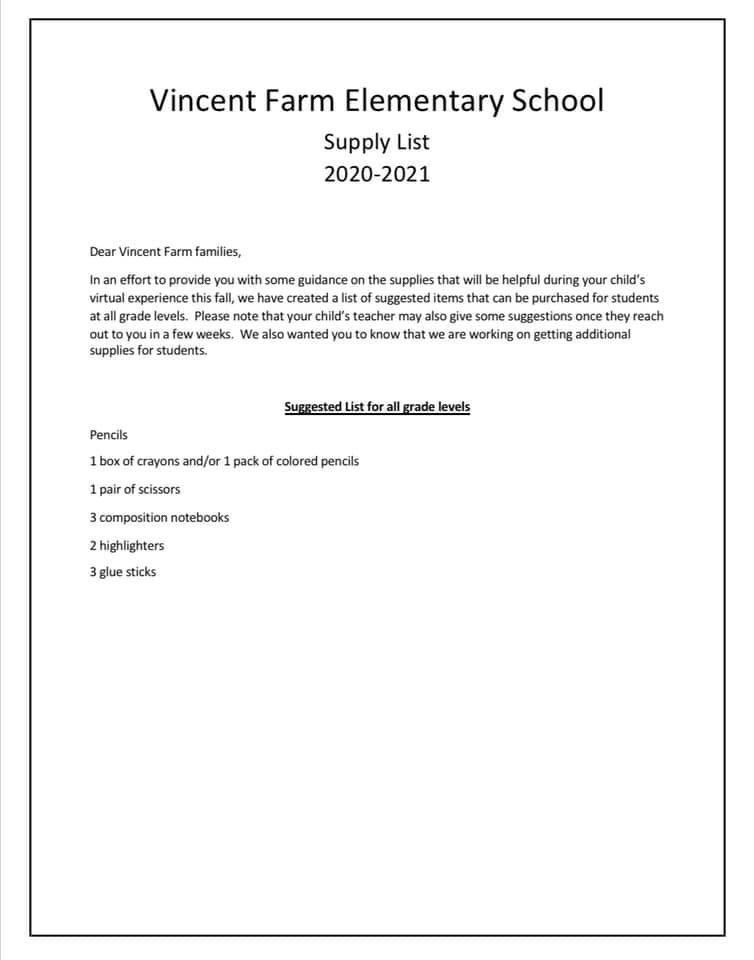 Back-to-school supply list for all grades at VFES! ✏️✂️📓🖍 <a href="/VincentFarmBCPS/">VincentFarmBCPS</a> #WeAreVincentFarm