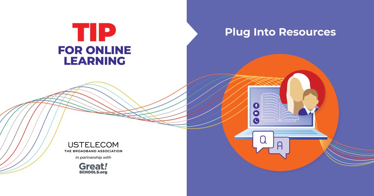 USTelecom's tweet photo. Our networks connect communities to #DistanceLearning by supporting both children and adult education. Here are USTelecom’s 5 tips for Online Learning: https://t.co/QvNs9wIBnU

Tip #3 >>> Plug Into Resources 
#StayingConnected 
@GreatSchools https://t.co/BRbez3EC9g