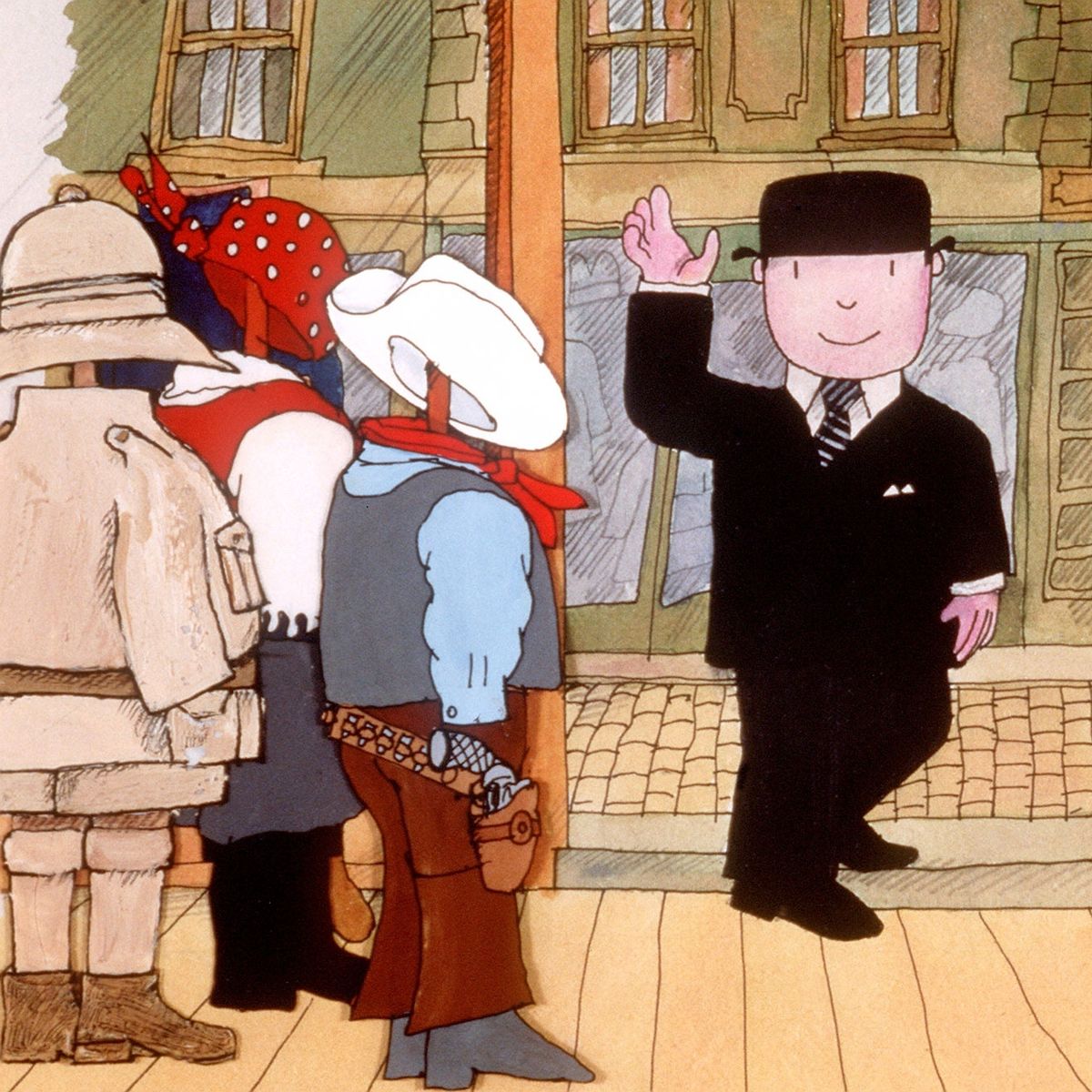 No.10  #LibraryTop50: David McKee is a British icon with his Mr Benn, King Rollo and Elmer the Elephant. He's a master of colour, and playing with wonky perspectives to get exactly what he wants on the page, showing as much as possible in a single image  https://en.wikipedia.org/wiki/David_McKee