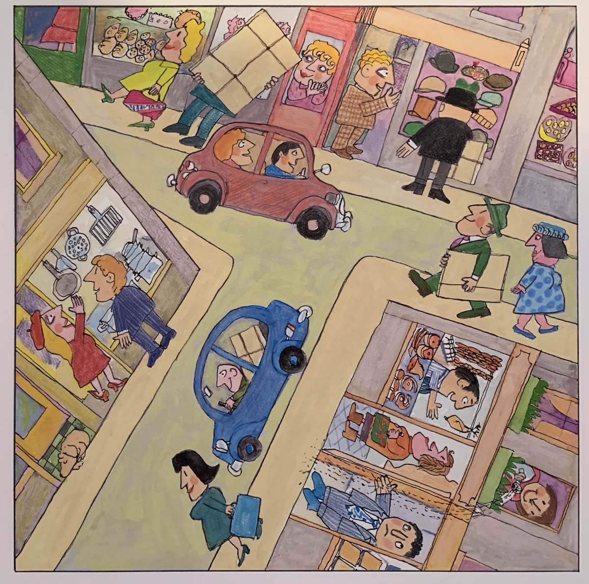 No.10  #LibraryTop50: David McKee is a British icon with his Mr Benn, King Rollo and Elmer the Elephant. He's a master of colour, and playing with wonky perspectives to get exactly what he wants on the page, showing as much as possible in a single image  https://en.wikipedia.org/wiki/David_McKee