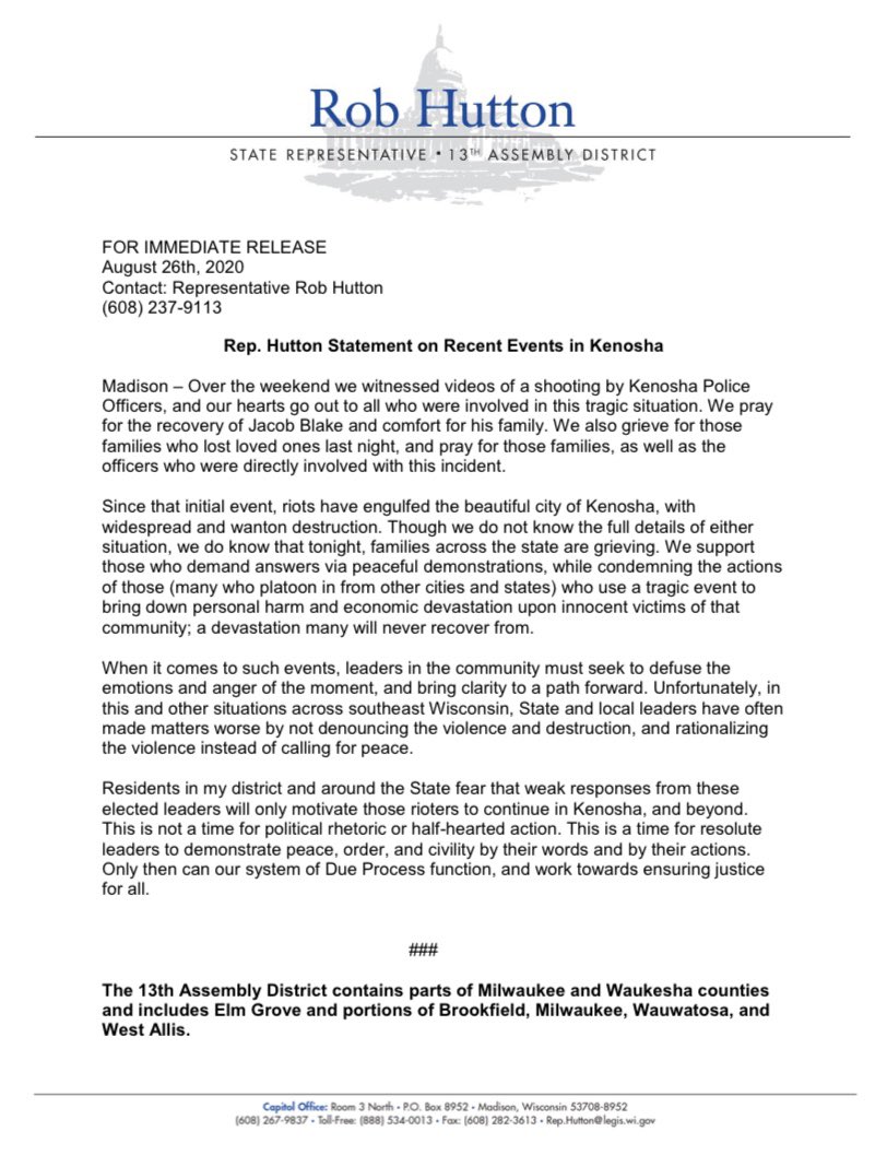 StateRepHutton's tweet image. Rep. Hutton Statement on Recent Events in Kenosha