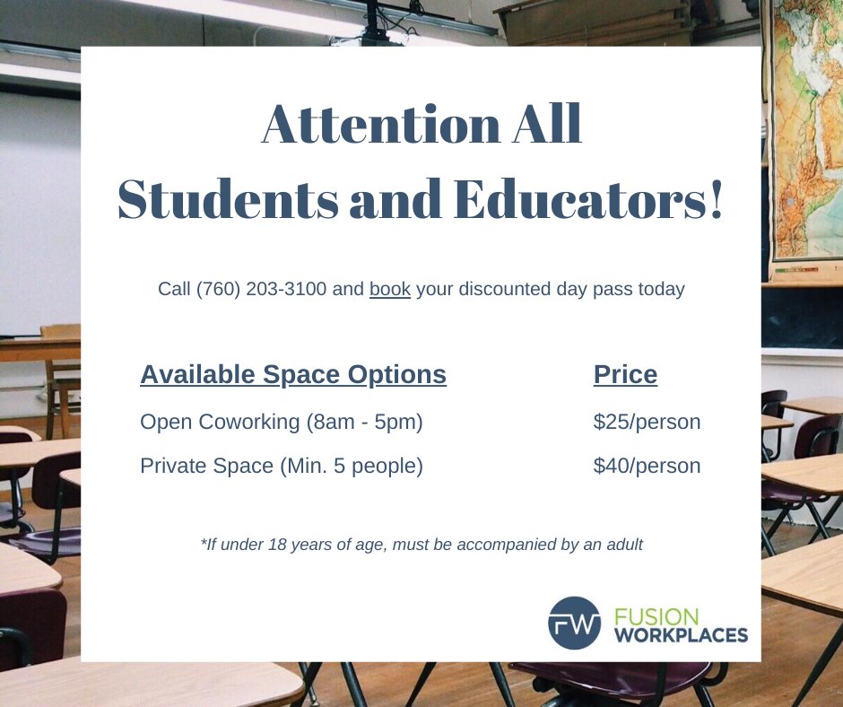 Call Fusion Workplaces at (760)-203-3100 and book your discounted day pass today!