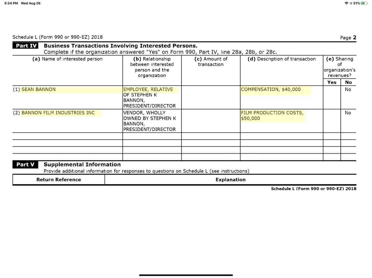 Line 4a explanation curious no?Schedule O as in OMFG Bannon you have some explaining to doAww you fell for the Bannon & Trump broke upLLOLS no they didn’t and now you have irrefutable proof by way of his 2018 IRS-990 https://apps.irs.gov/pub/epostcard/cor/823509136_201812_990O_2020020617121195.pdfDC backup https://drive.google.com/file/d/18ajD_btcSeLFBpQIXREYthEZWdd9fP4p/view?usp=drivesdk