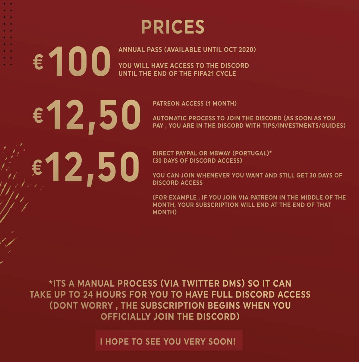 seleiro_joao's tweet image. 🚨DISCORD ANNOUNCEMENT + 1 ANNUAL PASS GIVEAWAY (100€)🚨

DISCORD STARTS SEPTEMBER 1st 2020

How to Join
- ANNUAL PASS or 30 DAYS ACCESS PASS DM ME ON TWITTER
-or Via Patreon (Link in Bio)

MORE INFO 🏴󠁧󠁢󠁥󠁮󠁧󠁿🇵🇹🇧🇷👇

How to Join the Giveaway
Follow Me✅ Retweet🔁 and Like ♥️this Tweet