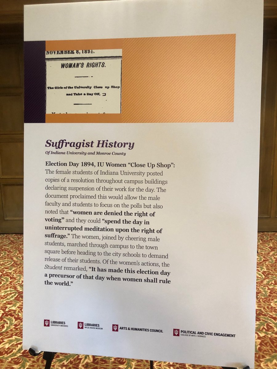 IUBArchives's tweet image. If you find yourself @OfficialIMU, stop by the East Lounge for a poster exhibition on suffragists at #IU and in Monroe County! 

And TONIGHT! Drive by to see the IMU lit up and bannered in purple and gold for Forward Into the Light: womensvote100.org/forwardintolig…