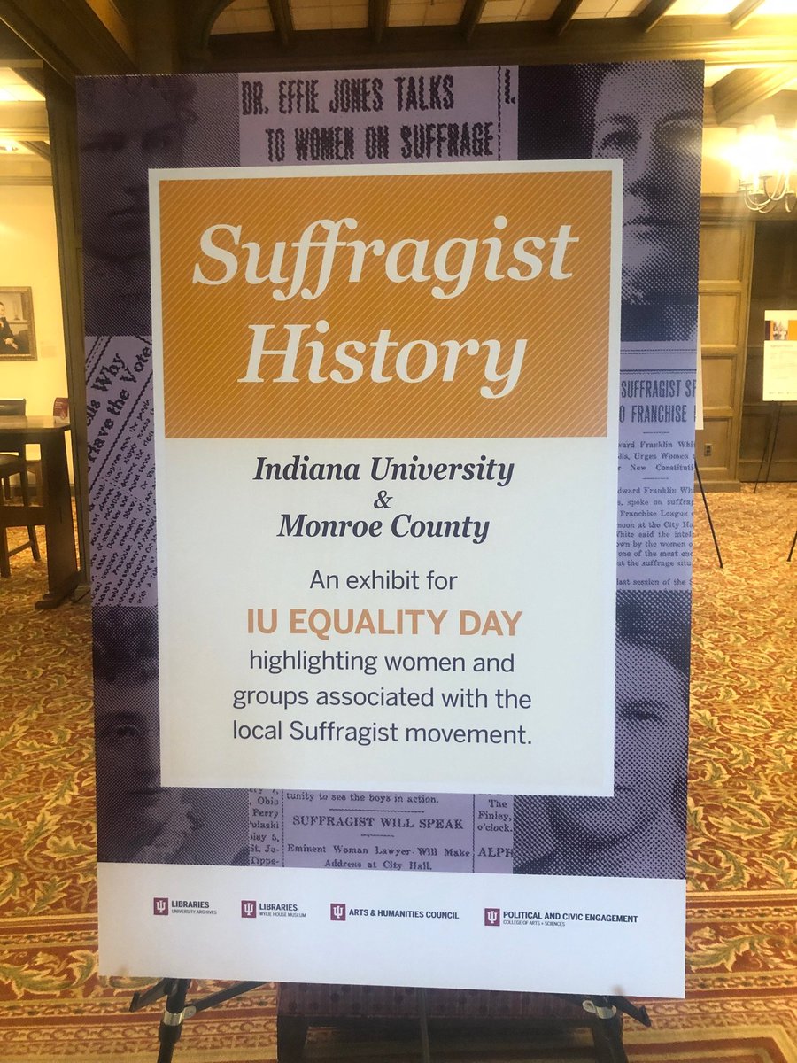 IUBArchives's tweet image. If you find yourself @OfficialIMU, stop by the East Lounge for a poster exhibition on suffragists at #IU and in Monroe County! 

And TONIGHT! Drive by to see the IMU lit up and bannered in purple and gold for Forward Into the Light: womensvote100.org/forwardintolig…