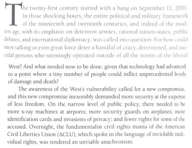 Post 9/11, Thiel was worried about the threat of terrorist networks and the erosion of civil liberties in response.In 2004 he wrote the essay The Straussian Moment: https://www.evernote.com/shard/s542/client/snv?noteGuid=46c636b6-b404-45df-ab0a-1f84c6fdc8c2&noteKey=7c94233539b8258d72b395a063f3c589&sn=https://www.evernote.com/shard/s542/sh/46c636b6-b404-45df-ab0a-1f84c6fdc8c2/7c94233539b8258d72b395a063f3c589&title=That+Essay)Thiel