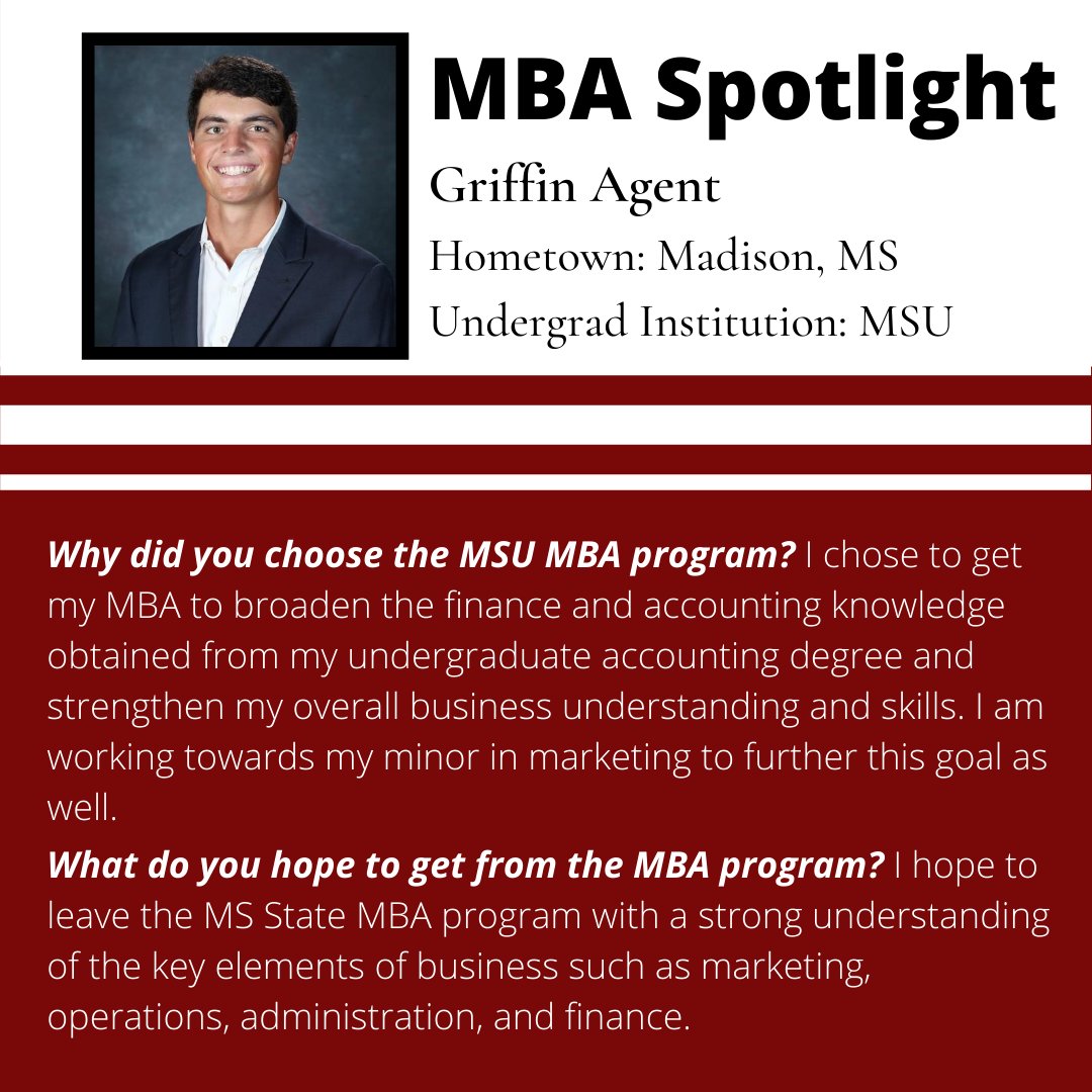 MSStateMBA's tweet image. Today's student spotlight is Griffin Agent! Griffin has a degree in accounting from MSU and is a member of the Men's Golf Team. He is also the Student Athlete Advisory Committee (SAAC) President. #msstatemba

Learn more about the MSU MBA Programs at buff.ly/2C47pek