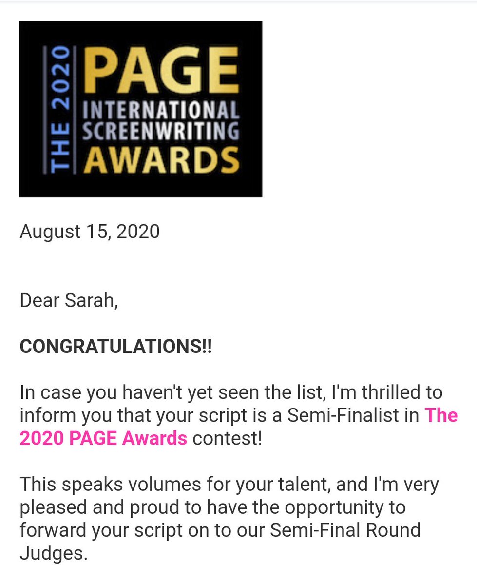 SarahAlbritton's tweet image. Our pilot made the Semi-Finals of the 2020 Page International Screenwriting Awards! Can't wait to see what the future holds for @MarkTheShark927 and me! 
@PAGEawards #screenwriting #pilotscript #pageawards