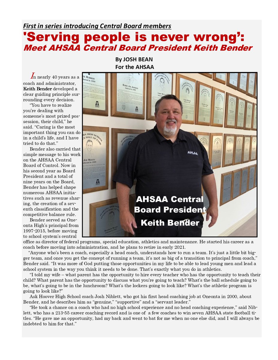 AHSAAnow's tweet photo. For the first in our series highlighting AHSAA Central Board Members, meet Central Board Keith Bender from #OneontaSchools. See his video profile https://t.co/br9X63wWCg https://t.co/NzKdRbMRwf