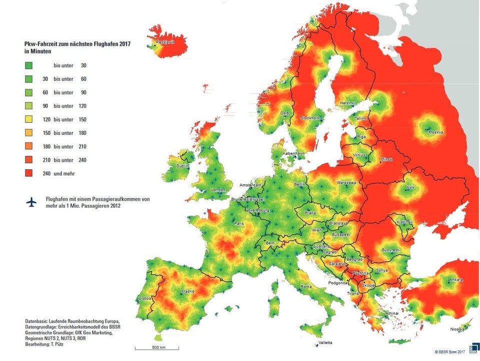Map shows the driving time to nearest airport across Europe. Source: buff.ly/2D0W2ou