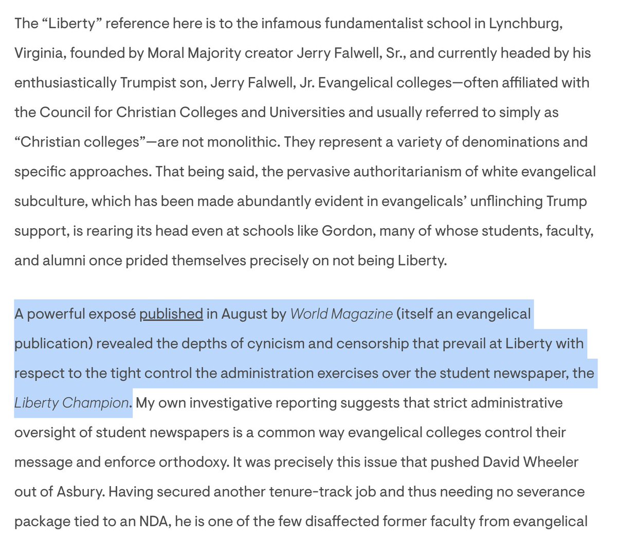 8. Previously, I'd commented on Falwell's love of censorship for  @Playboy, noting that censoring student newspapers is common at evangelical colleges, as is controlling dissent with NDAs. I've come across both in my own original reporting on these schools https://www.playboy.com/read/want-to-know-the-future-of-trumpvangelicals-in-america-look-at-their-colleges