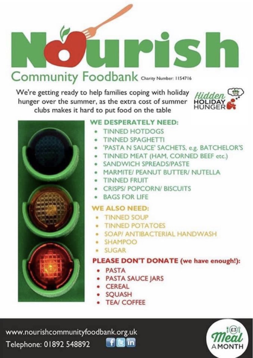 NourishFoodbank's tweet photo. If you are out shopping for #bankholidayweekend pls pop some of these items in our collection boxes at Sainsburys Tonbridge &amp; TW, Tesco Pembury &amp; Metro, Asda or dropping to Big Yellow Self Storage on the industrial estate and hunni homes

There is so much #hiddenholidayhunger https://t.co/nNAt5E7f97