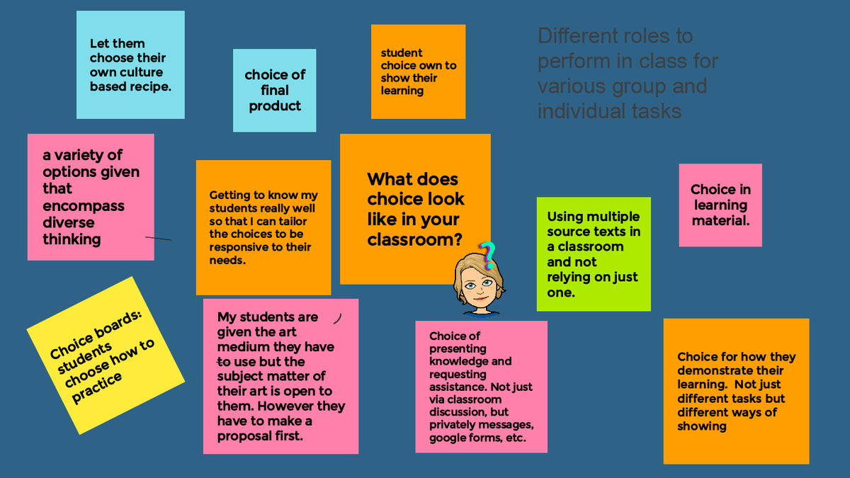 senior_mrs's tweet photo. So much good thinking about #choice in a variety of #ddsb classrooms. How will you allow students to be in charge of their learning in new or expanded ways? In a blended learning model our students will NEED to be active, independent learners. #Igniteunlearning https://t.co/iR2axyPSve