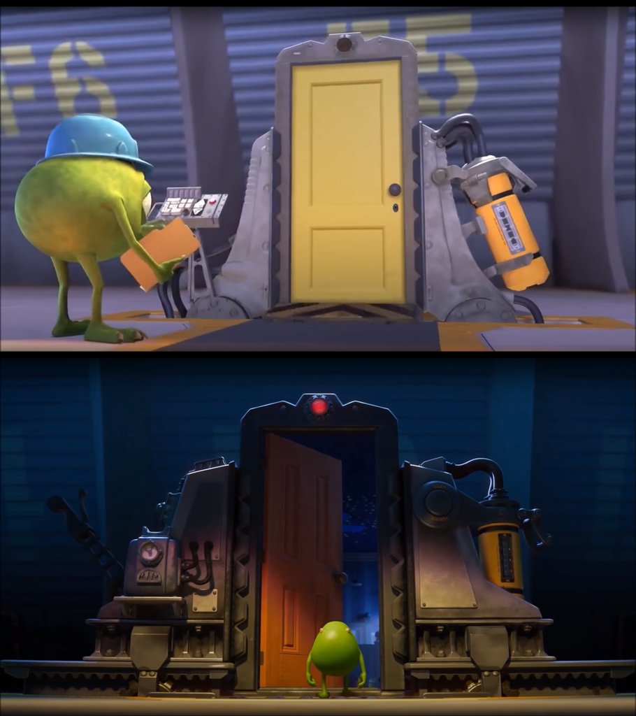 Hidden Movie Details on X: In monsters inc (2001), the monsters use doors  as portals to enter the human world and harvest energy by scaring children.  In monsters university (2013), since the