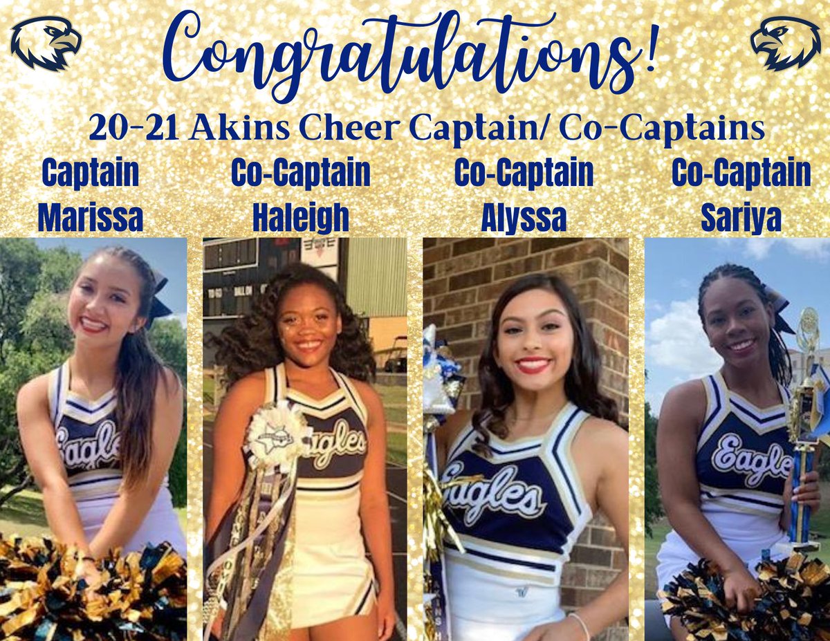 Please congratulate the 2020-2021 Akins Cheer Captain/Co-Captains!!!
🦅📣🎉🦅📣🎉
