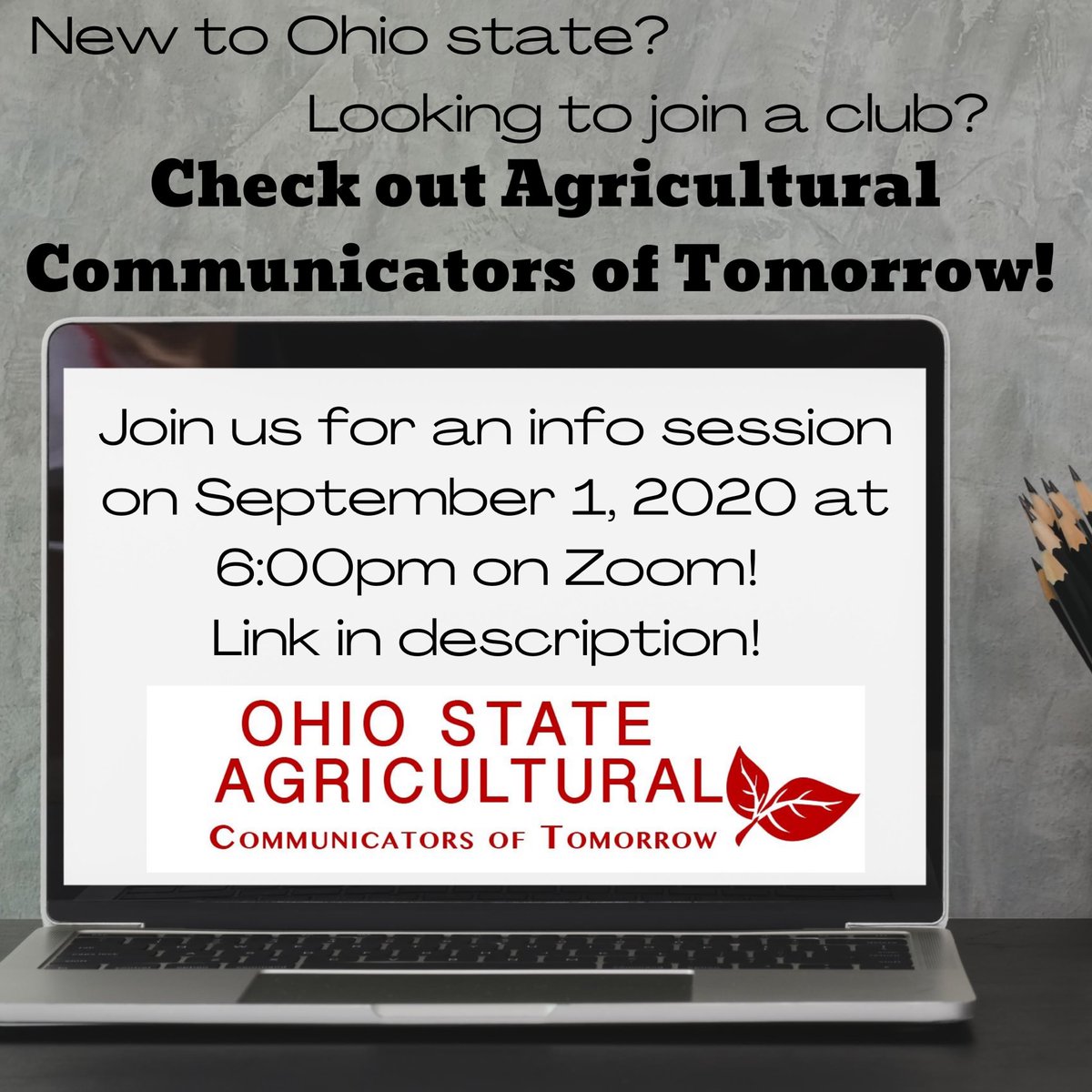 OSU_ACT's tweet photo. New to Ohio State? 
Looking to join a club? 
Check out Agricultural Communicators of Tomorrow! 
Join us for an info session on September 1, 2020 at 6:00pm on Zoom! 

Here is the Zoom Info:
Meeting ID: 960 4813 4450  Passcode: OSUACT  Meeting Link: https://t.co/UDdkN0yZGJ https://t.co/N8q30PPNFf