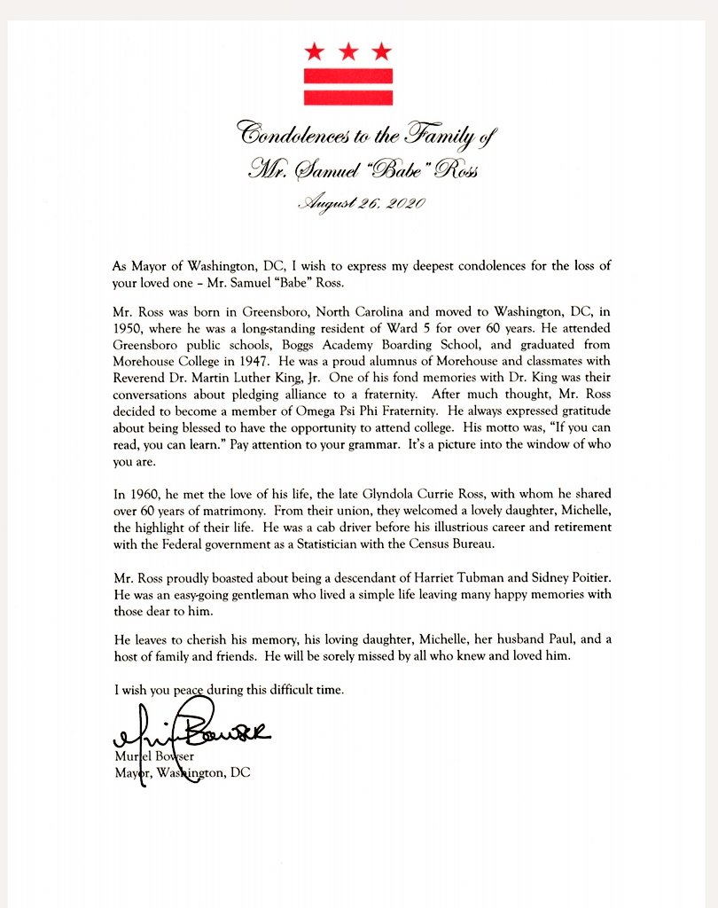 MorehouseDCalum's tweet photo. 1/2 #ThankYou @MayorBowser &amp; @SecretaryofDC for  #LetterOfCondolence for @Morehouse_NAA alum  #SamuelRoss'47 A #Ward5 resident for 60+ years &amp; @Morehouse classmate of #RevDrMartinLutherKingJr Thanks to @PlymouthCUCC &amp; @Graylanhagler for today's service #RestInPower https://t.co/VxuQxlIu46