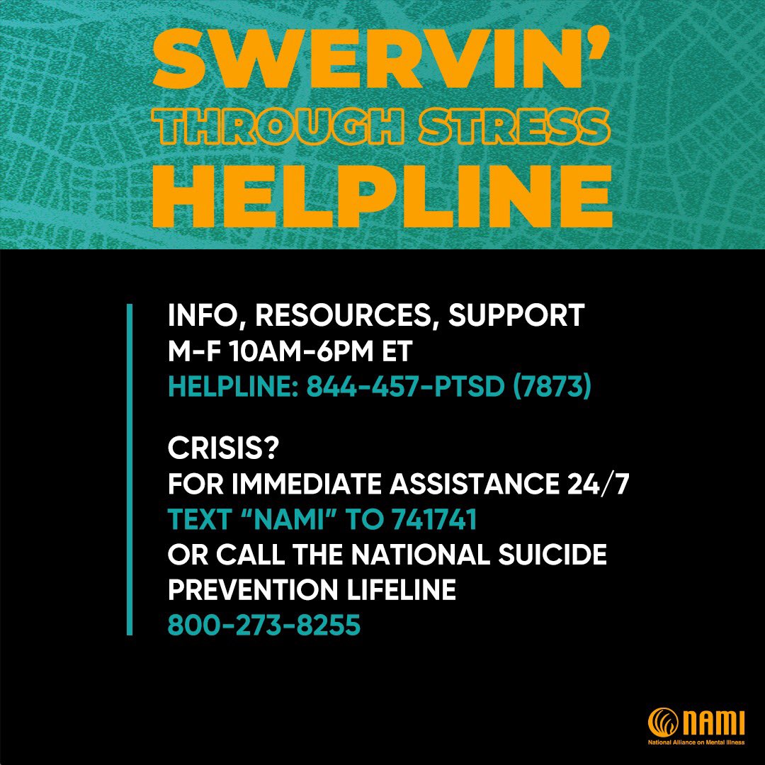 IF YOU’RE LIKE ME, THEN ALL OF THE IMAGES OF THE SENSELESS ATTACKS ON BLACK PPL HAVE BEEN  TRIGGERING. 

EVERYONE SHOULD HAVE SOMEONE TO TALK TO. 

PLEASE TAKE ADVANTAGE OF THE HELPLINE & SHARE IT. 

ALL IT TAKES IS A CALL. 

#SWERVINTHROUGHSTRESS 

SWERVINTHROUGHSTRESS.COM