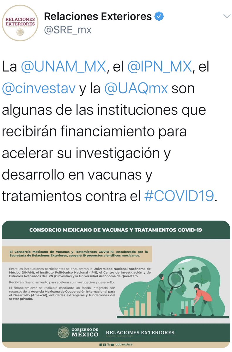 DraTereGasca's tweet image. Hoy se habla de la @UAQmx a nivel nacional, somos orgullosamente una de las universidades públicas que recibirá apoyo por parte de la @SRE_mx, somos 1 de los 4 proyectos de investigación para la vacuna contra el #COVID19 #SomosUAQ