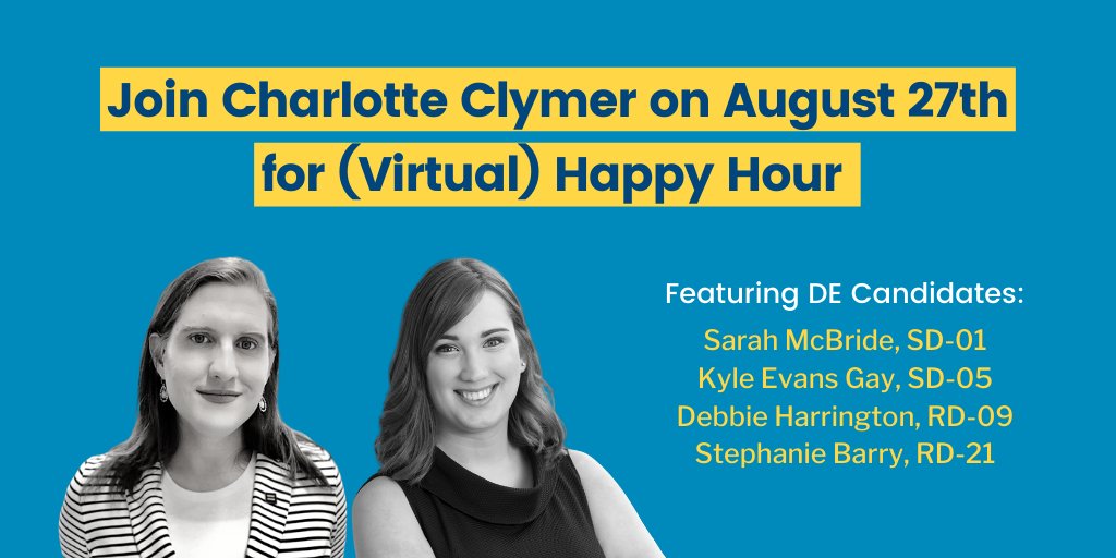 To that end, tomorrow night at 6pm ET,  @SarahEMcBride and I will be co-leading a happy hour fundraiser for her and three other pro-choice Democratic women running for office in Delaware:  @KyleEvansGay,  @Vote_Debbie, and @StephanieBarry4DE.