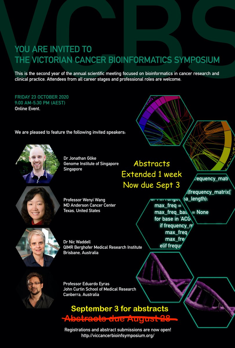 Hey tweeps, have you heard? The Victorian Cancer Bioinformatics
Symposium is on this year, virtually. And we have extended abstract submission for one week so for those bleeding edge, late breaking projects, you can submit for a talk platform (or poster). 

#CancerBioinformatics
