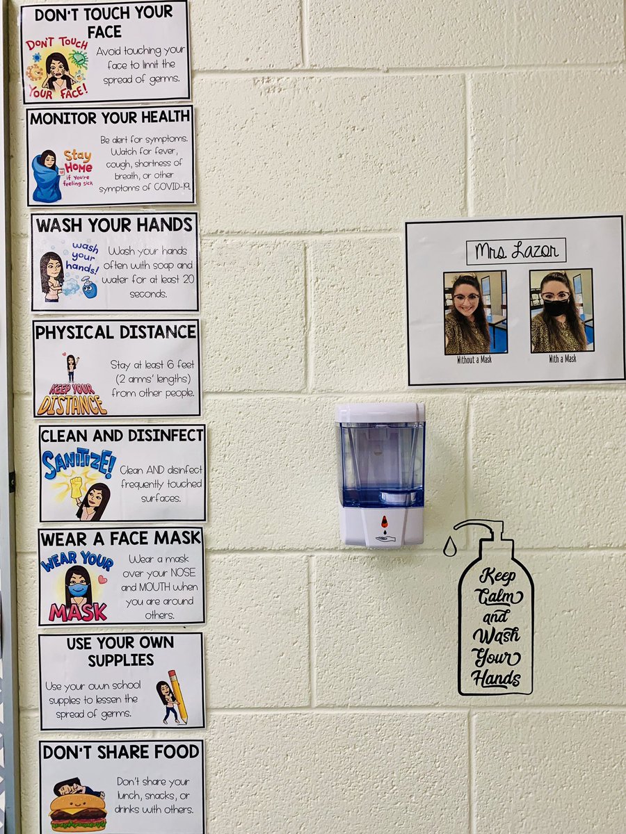 CaterinaTeach's tweet photo. I set up the hand sanitizer station in my classroom today! I love these #BitmojiClassroom rules surrounding  physical distancing and keeping everyone safe and healthy! I’m almost ready for kiddos! #BackToSchool2020 👍🏻💕 https://t.co/2hXqGJR5hg