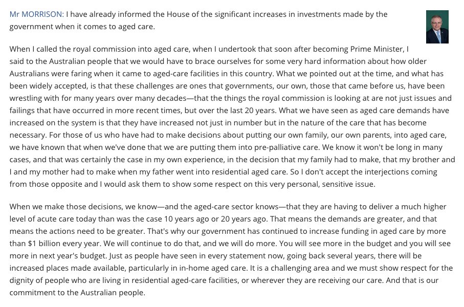 beneltham's tweet image. The Prime Minister's responses in question time yesterday deserve widespread scrutiny. He called aged care "pre-palliative care" ... which tells you all you need to know about his government's view of older Australians in care