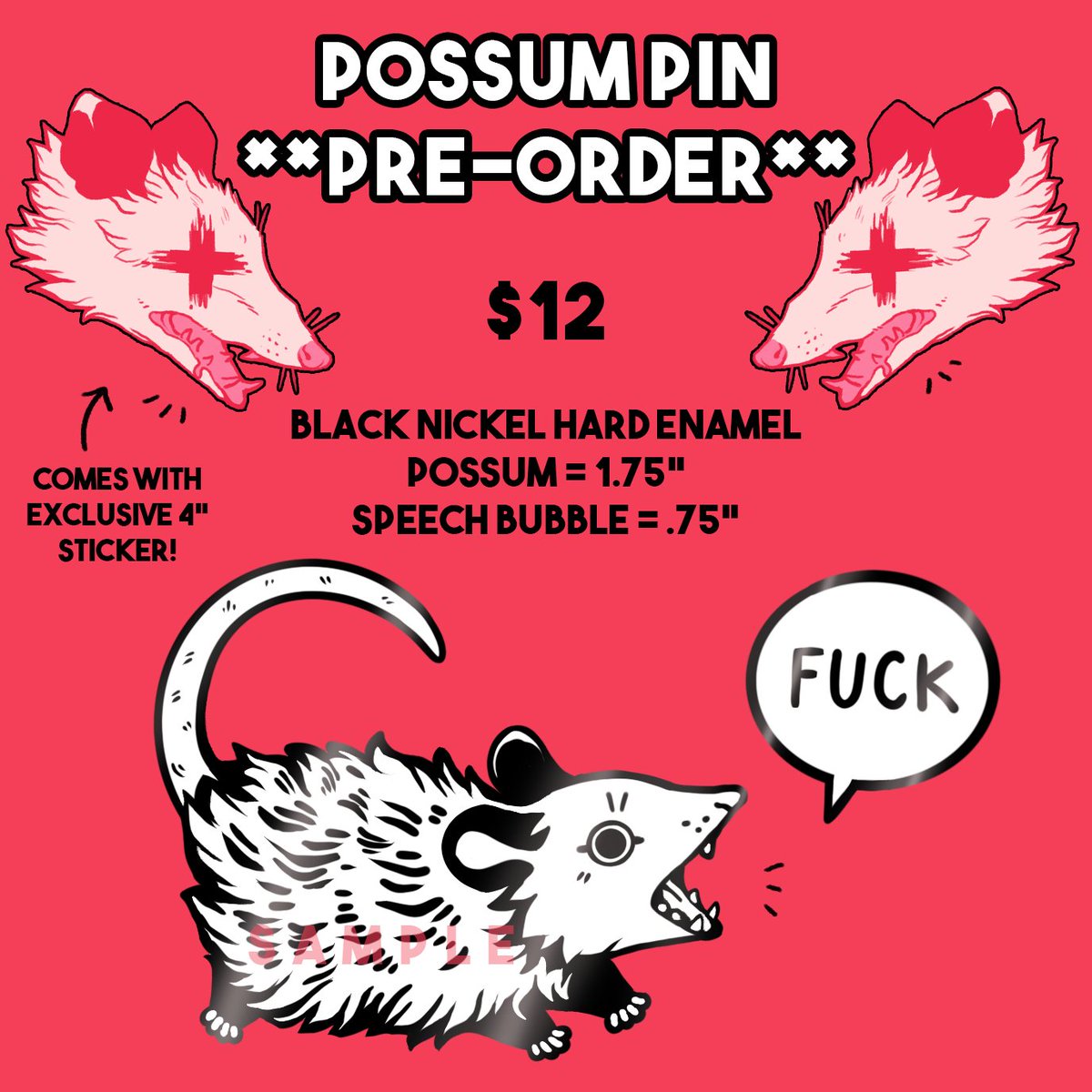 If you missed out on nabbing a possum pin I'm holding a restock pre-order that closes on 09/06/20! More info will be in the item listing. Pre-orders will guarantee you get one and helps fund their production!

⬇️Link Below⬇️ 