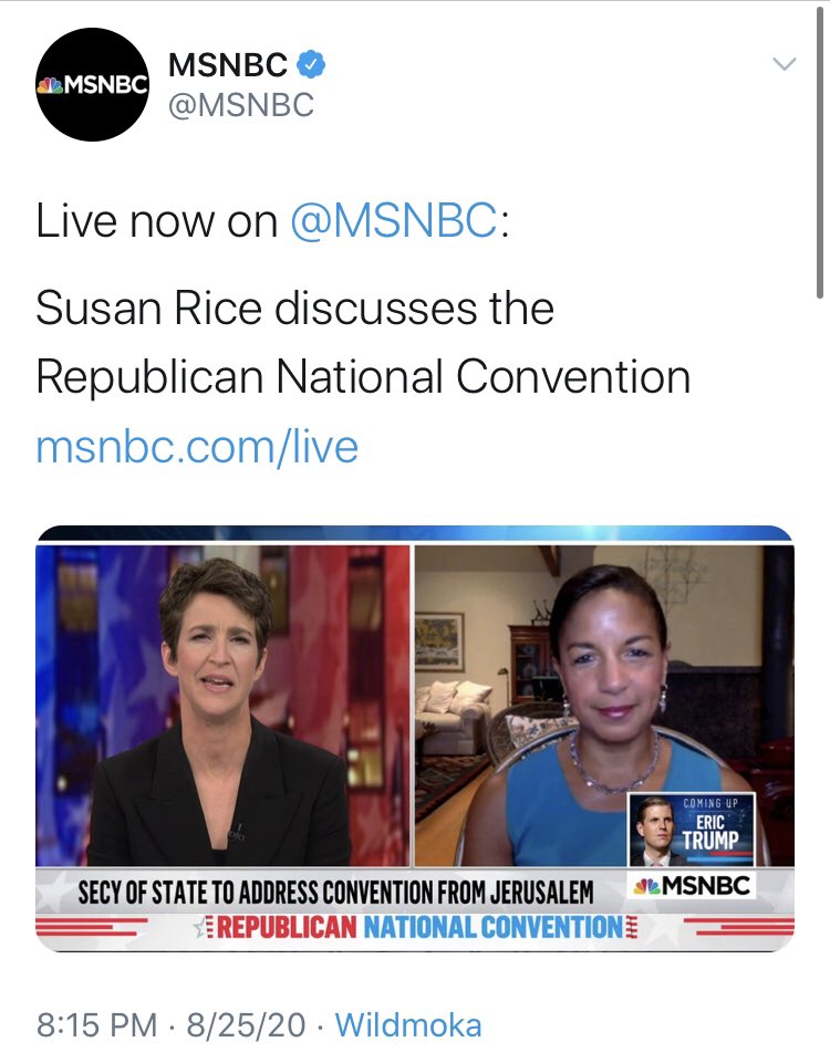  @MSNBC and  @maddow bringing on Susan Rice to discuss the RNC live is so on brand it hurts.