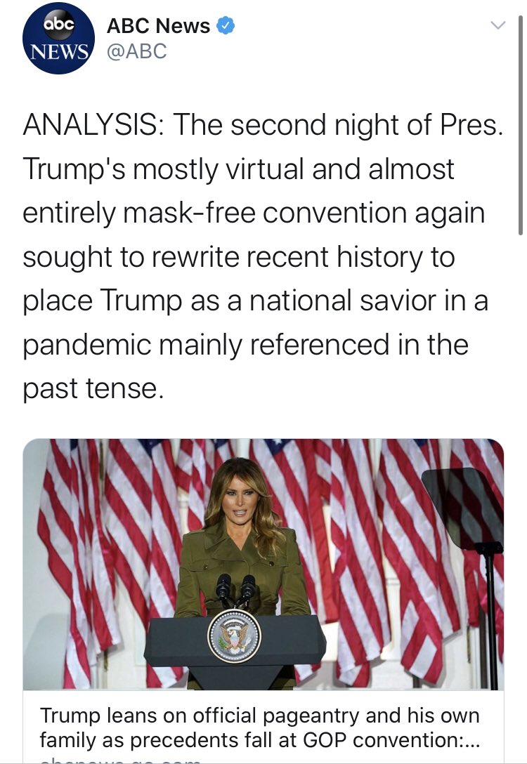Again, we should take “news analysis” and launch it into orbit. It’s commentary masquerading as the news.  @ABC is upset that the **virtual** RNC is “mask-free” while putting up puff pieces for the Dems.