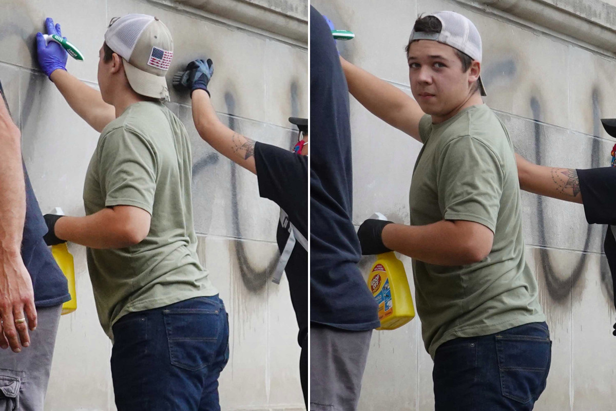 Suspected teen gunman Kyle Rittenhouse spotted cleaning Kenosha graffiti before shooting trib.al/IWtEFfh